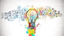 Creative and colorful light bulb sketch and business plan icons drawn on concrete wall. Concept of bright idea Creative and colorful light bulb sketch and business plan icons drawn on concrete wall. Concept of bright idea