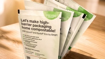 The certified home-compostable biopolymer ecovio® can now be used to manufacture different barrier structures based on paper or plastic substrates for flexible packaging.
Photo: BASF The certified home-compostable biopolymer ecovio® can now be used to manufacture different barrier structures based on paper or plastic substrates for flexible packaging.
Photo: BASF