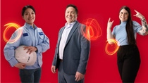 Three diverse BASF employees, one with a safety helmet, one in a suit, and an employee in casual work attire, stand confidently on a red background, connected by glowing light trails that represent their impact as Change Makers. Three diverse BASF employees, one with a safety helmet, one in a suit, and an employee in casual work attire, stand confidently on a red background, connected by glowing light trails that represent their impact as Change Makers.