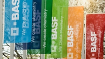 Flags in different colors with BASF logo Flags in different colors with BASF logo