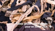 Gros plan sur une grande pile de pièces textiles usagées de différentes couleurs, emmêlées.  Gros plan sur une grande pile de pièces textiles usagées de différentes couleurs, emmêlées.