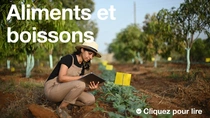 Une agricultrice, portant une salopette et un chapeau, tient une tablette et examine des plants dans un champ par une journée ensoleillée. Le texte sur l’image indique : « Nourriture et boissons ». Une agricultrice, portant une salopette et un chapeau, tient une tablette et examine des plants dans un champ par une journée ensoleillée. Le texte sur l’image indique : « Nourriture et boissons ».