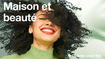 Une femme souriante aux cheveux noirs bouclés. Le texte de l'image indique : « Entretien de la maison et produits d’hygiène ». Une femme souriante aux cheveux noirs bouclés. Le texte de l'image indique : « Entretien de la maison et produits d’hygiène ».