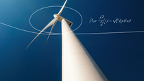 Looking up from the ground at a tall wind turbine against a clear blue sky – scientific equations and sketches highlighting the path of the wind are overlaid on the picture.  Looking up from the ground at a tall wind turbine against a clear blue sky – scientific equations and sketches highlighting the path of the wind are overlaid on the picture.