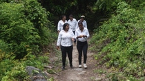 A group of women in white shirts walking through a rainforest. A group of women in white shirts walking through a rainforest.