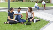 Three young employees with a laptop sitting on the lawn and talking animatedly. Three young employees with a laptop sitting on the lawn and talking animatedly.