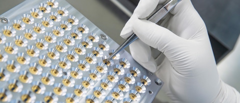 BASF’s start-up, trinamiX, develops and produces miniaturized infrared sensors named Hertzstück™. The sensors can be used for various applications such as gas sensing, flame control or near-infrared-spectroscopy. Thanks to their small footprint and high availability, they are also applicable to consumer applications. The sensors are offered in various pack-agings. The photo shows how the sensors are prepared for further processing. As the sensors are sensitive to dust they are processed in the cleanroom of trinamiX. BASF’s start-up, trinamiX, develops and produces miniaturized infrared sensors named Hertzstück™. The sensors can be used for various applications such as gas sensing, flame control or near-infrared-spectroscopy. Thanks to their small footprint and high availability, they are also applicable to consumer applications. The sensors are offered in various pack-agings. The photo shows how the sensors are prepared for further processing. As the sensors are sensitive to dust they are processed in the cleanroom of trinamiX.