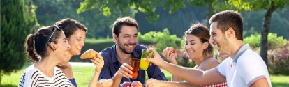 Group of people laughing and having a picnic cheer-sing cups 