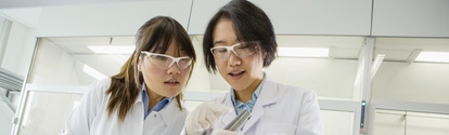 Lili Zhang (left), lab chemist, checks polymer pellets for extrusion experiments with Siqi Xue (right), lab manager. BASF is one of the world’s leading producers of high-quality plastics. Research teams across the globe are systematically developing the properties of plastics to open up diverse applications in automotive, electrical & electronics and packaging industries.