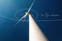 Looking up from the ground at a tall wind turbine against a clear blue sky – scientific equations and sketches highlighting the path of the wind are overlaid on the picture. Looking up from the ground at a tall wind turbine against a clear blue sky – scientific equations and sketches highlighting the path of the wind are overlaid on the picture.