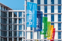 BASF flags in different colors wave in front of a modern office building, displaying the company name and slogan “We create chemistry". BASF flags in different colors wave in front of a modern office building, displaying the company name and slogan “We create chemistry".