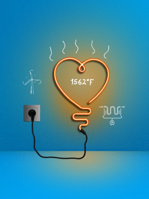 The picture shows an orange neon light in the form of a heart plugged into a blue wall. There are white sketches around it of a wind turbine, an electric heating element and the number “1562°F”.  