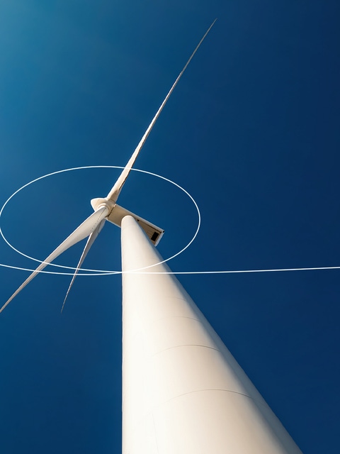 Mirando desde el suelo a una turbina eólica alta que da contra un cielo azul claro, se superponen en la imagen ecuaciones y bocetos científicos que resaltan el camino del viento.