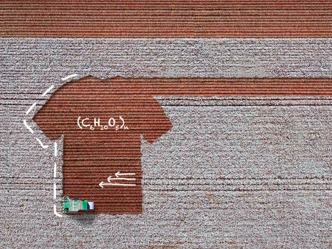 The picture is an aerial view of a cotton field, where a harvesting machine is working. The soil showing where the cotton has been harvested is in the shape of a T-shirt. There are white handwritten sketches on the picture showing scientific formulae and three arrows. The picture is an aerial view of a cotton field, where a harvesting machine is working. The soil showing where the cotton has been harvested is in the shape of a T-shirt. There are white handwritten sketches on the picture showing scientific formulae and three arrows.