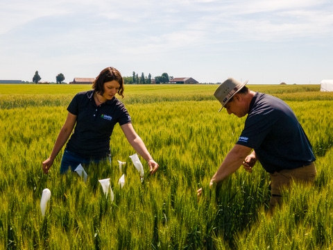 Pair in wheat field observing the crops. Pair in wheat field observing the crops.