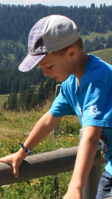 Two little boys holding ledge looking down surrounded by trees and mountains 