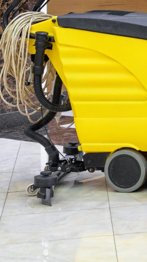 Cleaning machine in an office lobby. Cleaned floor in the interior of company or luxury hotel. Yellow vacuum equipment for cleaning on a shiny marble floor. Concept of professional cleaning service.