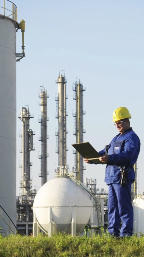 BASF employee standing on green grass outside production site 