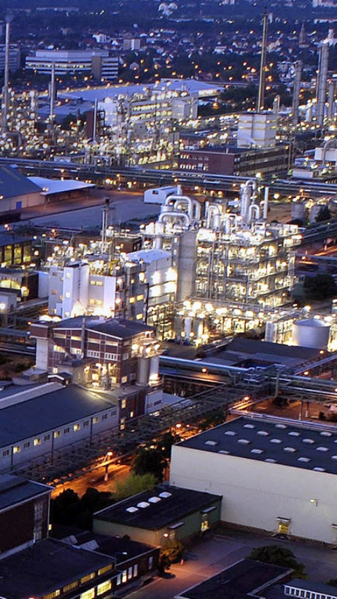 Factories at night from the sky