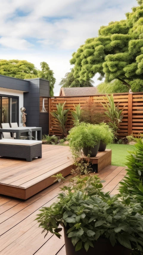 The renovation of a modern home extension in Melbourne includes the addition of a deck, patio, and courtyard area.