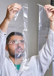 Burak Karadeniz, Lab technician at the Application Centre for BASF Plastic Additives in Kaisten, is comparing the optical properties of recycled film with and without a stabilizer package. Burak Karadeniz, Lab technician at the Application Centre for BASF Plastic Additives in Kaisten, is comparing the optical properties of recycled film with and without a stabilizer package.