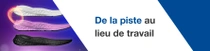Trois semelles intérieures de chaussures disposées côte à côte, accompagnées d’un tourbillon lumineux. Le texte indique « De la piste au lieu de travail ».  Trois semelles intérieures de chaussures disposées côte à côte, accompagnées d’un tourbillon lumineux. Le texte indique « De la piste au lieu de travail ».