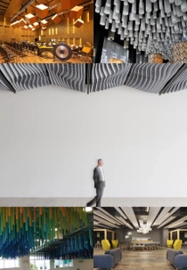 Collage de plafonds modernes montrant des solutions acoustiques et esthétiques innovantes pour divers espaces architecturaux. Collage de plafonds modernes montrant des solutions acoustiques et esthétiques innovantes pour divers espaces architecturaux.