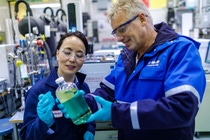 The new gas treating technology OASE® sulfexx™ was jointly developed by ExxonMobil and BASF. Jenny Seagraves (left), Senior Market Developer, ExxonMobil Catalysts and Licensing, and Gerald Vorberg (right), Senior Technology Development Manager, BASF SE, check the solvent properties in a laboratory. The new gas treating technology OASE® sulfexx™ was jointly developed by ExxonMobil and BASF. Jenny Seagraves (left), Senior Market Developer, ExxonMobil Catalysts and Licensing, and Gerald Vorberg (right), Senior Technology Development Manager, BASF SE, check the solvent properties in a laboratory.