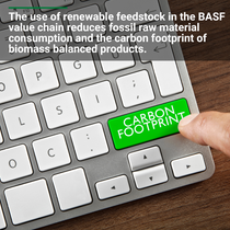 Keyboard with highlighted “carbon footprint” key symbolizing CO₂ reduction and sustainable feedstocks. Keyboard with highlighted “carbon footprint” key symbolizing CO₂ reduction and sustainable feedstocks.