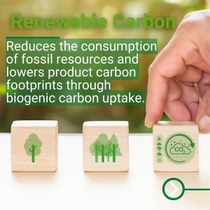 Wooden blocks with tree and CO₂ symbols stand on a table while a hand reaches for one of the blocks. Wooden blocks with tree and CO₂ symbols stand on a table while a hand reaches for one of the blocks.