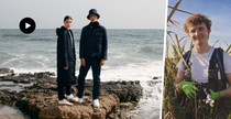 Split image. A young man and woman standing on a rock at the coast on the left. a young man in a field of crops on the right. Split image. A young man and woman standing on a rock at the coast on the left. a young man in a field of crops on the right.