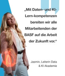 Eine weibliche BASF-Mitarbeitende aus Deutschland trägt eine rosafarbene Jacke und blaue Jeans und steht vor einem blau-weißen Hintergrund. Ein Lichtwirbel umgibt ihren Arm. Der Text lautet: „Mit Daten- und KI-Lernkompetenzen bereiten wir alle Mitarbeitenden der BASF auf die Arbeit der Zukunft vor.“ Eine weibliche BASF-Mitarbeitende aus Deutschland trägt eine rosafarbene Jacke und blaue Jeans und steht vor einem blau-weißen Hintergrund. Ein Lichtwirbel umgibt ihren Arm. Der Text lautet: „Mit Daten- und KI-Lernkompetenzen bereiten wir alle Mitarbeitenden der BASF auf die Arbeit der Zukunft vor.“