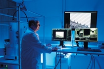 With only 50 microns in size, the riblets of NovaFlex SharkSkin are barely visible to the human eye. They only become visible under the raster electron microscope. Christian Kautz takes a very close look at samples and checks whether the angles and spacing of the riblets are correct. This is crucial for the sharkskin to play out its properties and optimize the aerodynamics of aircraft. With only 50 microns in size, the riblets of NovaFlex SharkSkin are barely visible to the human eye. They only become visible under the raster electron microscope. Christian Kautz takes a very close look at samples and checks whether the angles and spacing of the riblets are correct. This is crucial for the sharkskin to play out its properties and optimize the aerodynamics of aircraft.