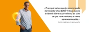 Un employé de BASF, portant une chemise bleu clair, debout devant un fond orange. Un tourbillon lumineux flotte autour de son épaule. Le texte indique : «Pourquoi est-ce que je recommande de travailler chez BASF? Nous avons la liberté d'être nous-mêmes, de faire ce que nous voulons, et nous sommes écoutés.» Un employé de BASF, portant une chemise bleu clair, debout devant un fond orange. Un tourbillon lumineux flotte autour de son épaule. Le texte indique : «Pourquoi est-ce que je recommande de travailler chez BASF? Nous avons la liberté d'être nous-mêmes, de faire ce que nous voulons, et nous sommes écoutés.»
