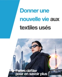 Une femme portant une veste noire décontractée devant un paysage urbain de Shanghaï. Un tourbillon de lumière coloré apparaît sur sa droite. Le texte indique « Donner une nouvelle vie aux anciens textiles » Une femme portant une veste noire décontractée devant un paysage urbain de Shanghaï. Un tourbillon de lumière coloré apparaît sur sa droite. Le texte indique « Donner une nouvelle vie aux anciens textiles »