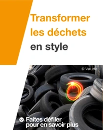 Des pneus de voiture sont empilés. Un tourbillon lumineux flotte au-dessus des pneus. Le texte indique « Transformer les déchets en objets de mode ». Des pneus de voiture sont empilés. Un tourbillon lumineux flotte au-dessus des pneus. Le texte indique « Transformer les déchets en objets de mode ».