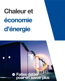Un bâtiment moderne à l’extérieur au crépuscule avec des lumières allumées.  Un tourbillon lumineux flotte au bord du bâtiment. Le texte indique : « Une vie au chaud en baissant la consommation d’énergie. »  Un bâtiment moderne à l’extérieur au crépuscule avec des lumières allumées.  Un tourbillon lumineux flotte au bord du bâtiment. Le texte indique : « Une vie au chaud en baissant la consommation d’énergie. »