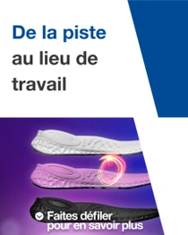 Trois semelles intérieures de chaussures disposées côte à côte, accompagnées d’un tourbillon lumineux. Le texte indique « De la piste au lieu de travail ».  Trois semelles intérieures de chaussures disposées côte à côte, accompagnées d’un tourbillon lumineux. Le texte indique « De la piste au lieu de travail ».