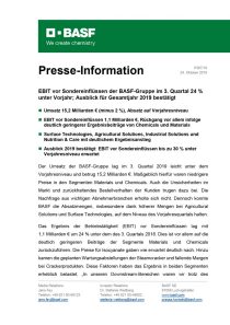 Ebit Vor Sondereinflussen Der Basf Gruppe Im 3 Quartal 24 Unter Vorjahr Ausblick Fur Gesamtjahr 19 Bestatigt